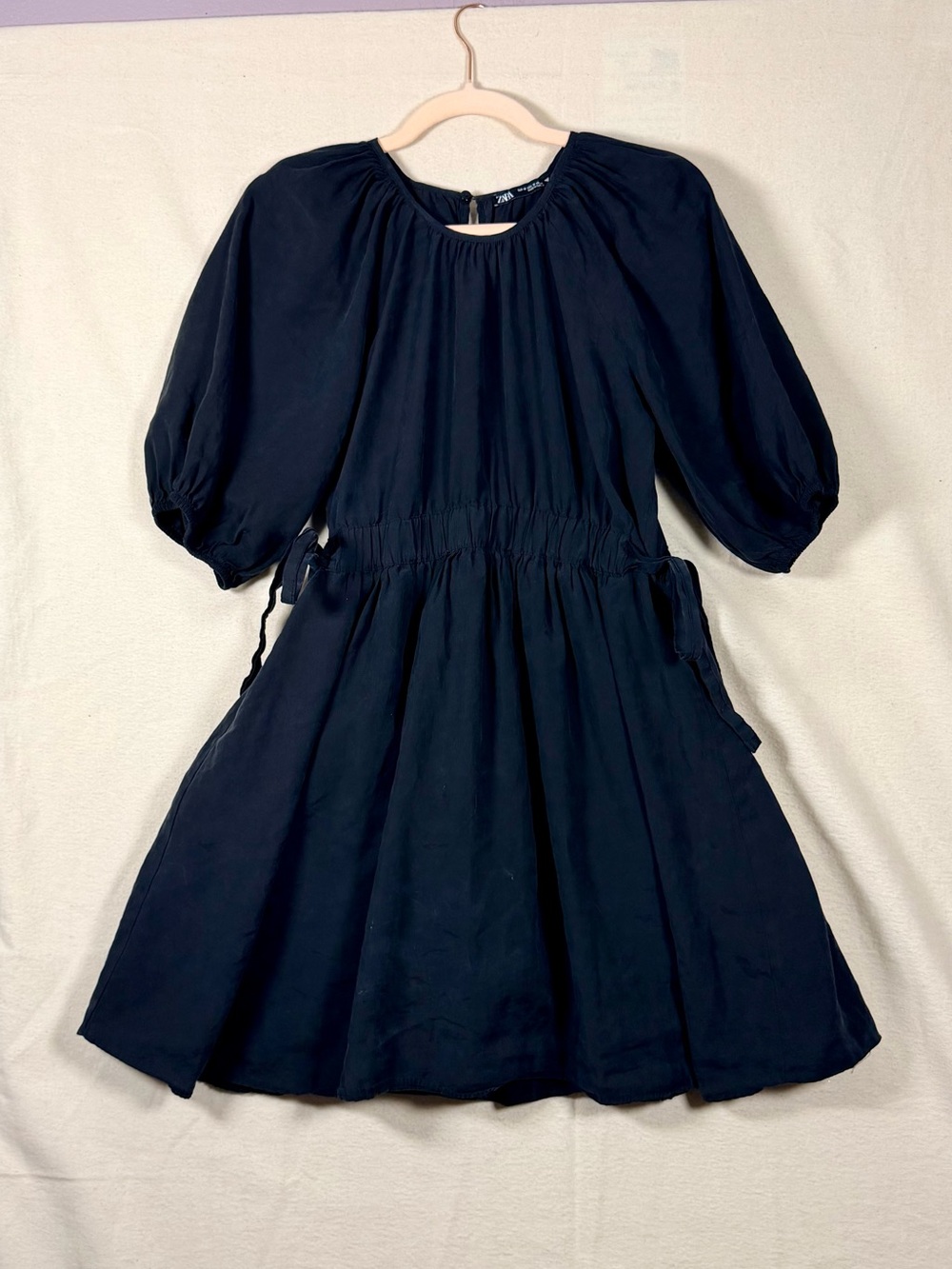 Zara Black Puff-Sleeve Tie-Waist Casual Dress